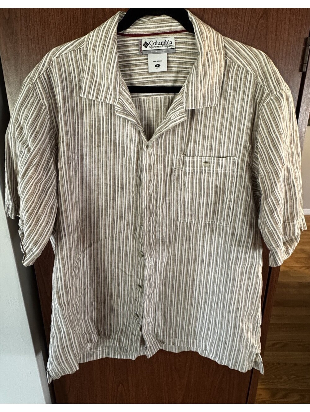 Columbia Mens M Linen Cotton Stripe Button Front Short Sleeve Casual Shirt
